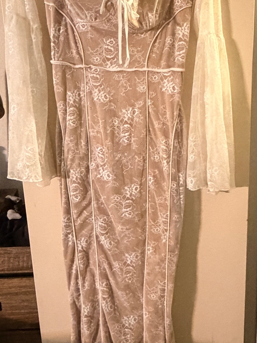 Fashion Nova Beige Lace-Overlay Long Sleeve Maxi Dress